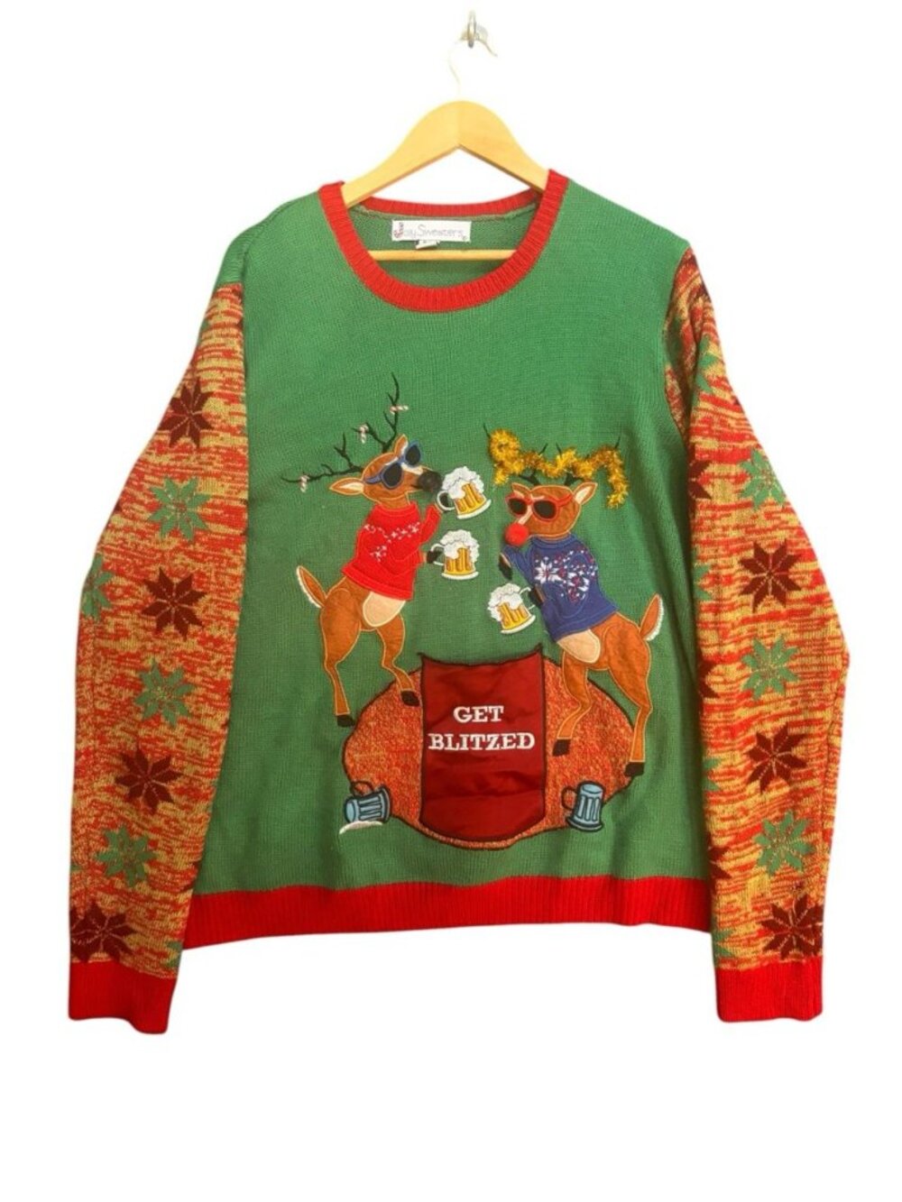 Jolly Sweaters XL Ugly Christmas Sweater Get Blitzed Reindeer Beer Green Red - Picture 2 of 9